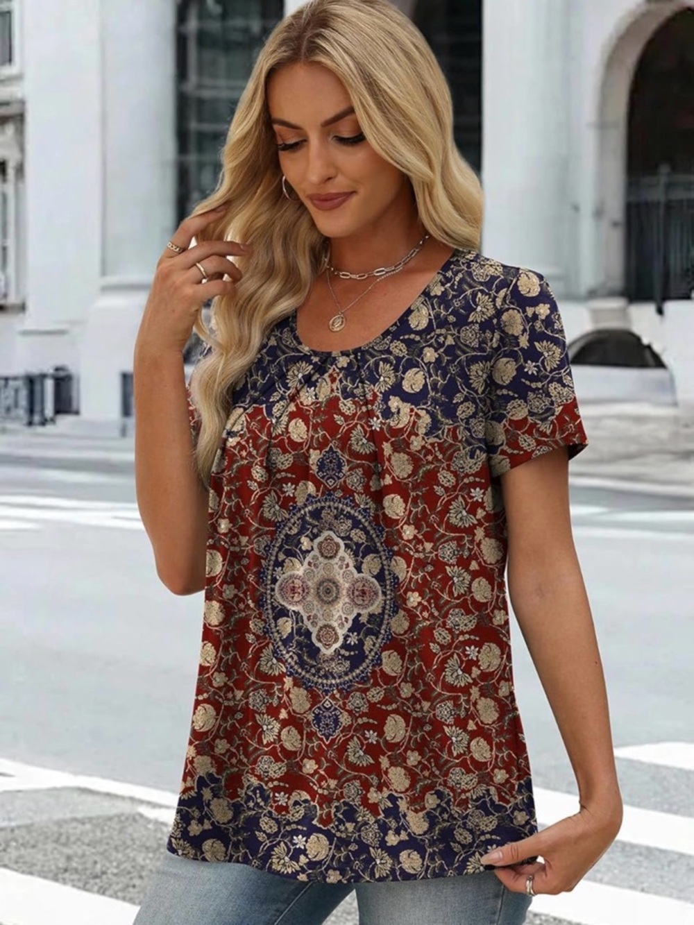 Boho Floral Medallion Short Sleeve Top - Red & Navy - Picture 3 of 5